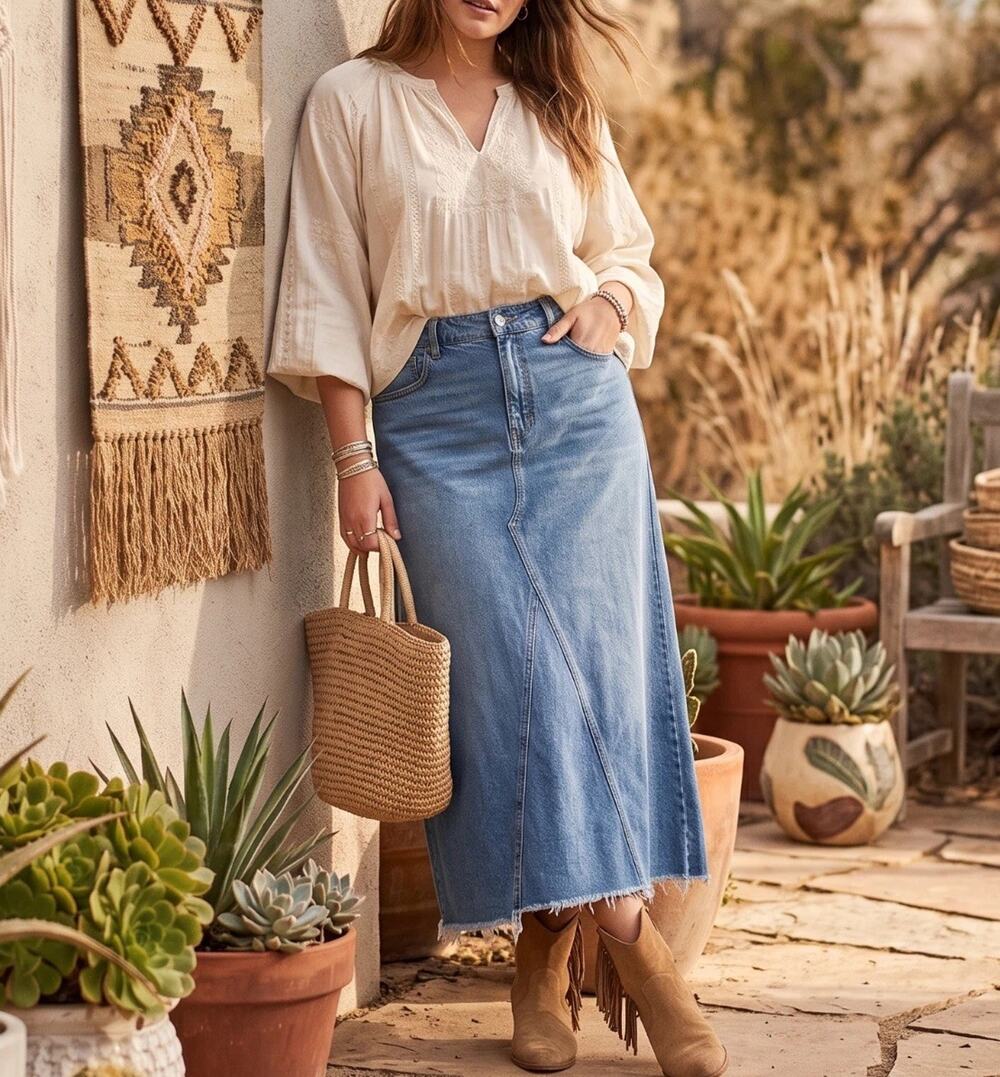 Lucky Brand Denim Maxi Skirt Size 14/32 Medium Wash Frayed Raw Hem Boho - Picture 1 of 11